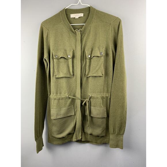 Ann Taylor LOFT Sweater Womens Small Full-Zip Olive Green‎ Drawstring Linen - Picture 1 of 8